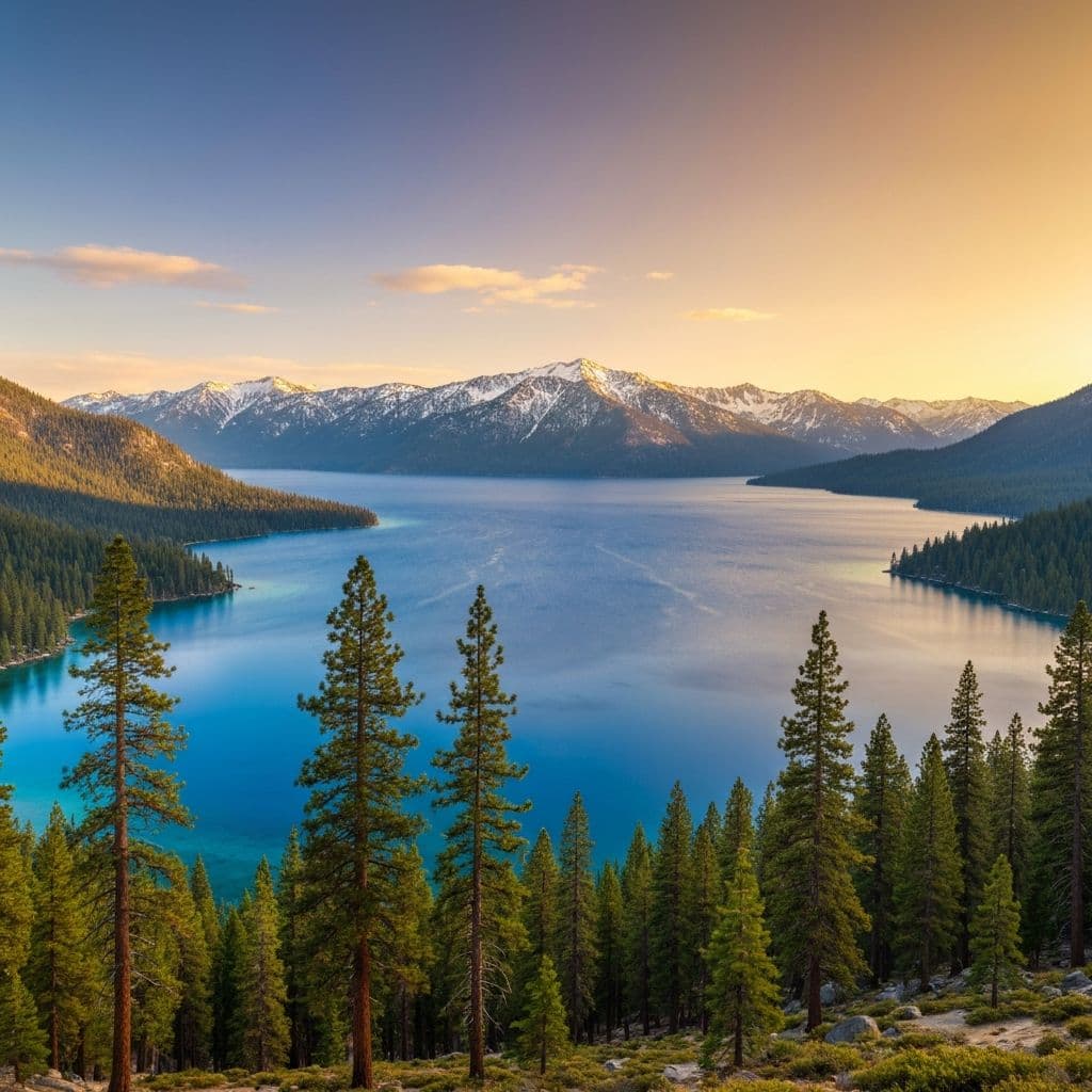 Lake Tahoe surrounded by pine forests and mountains